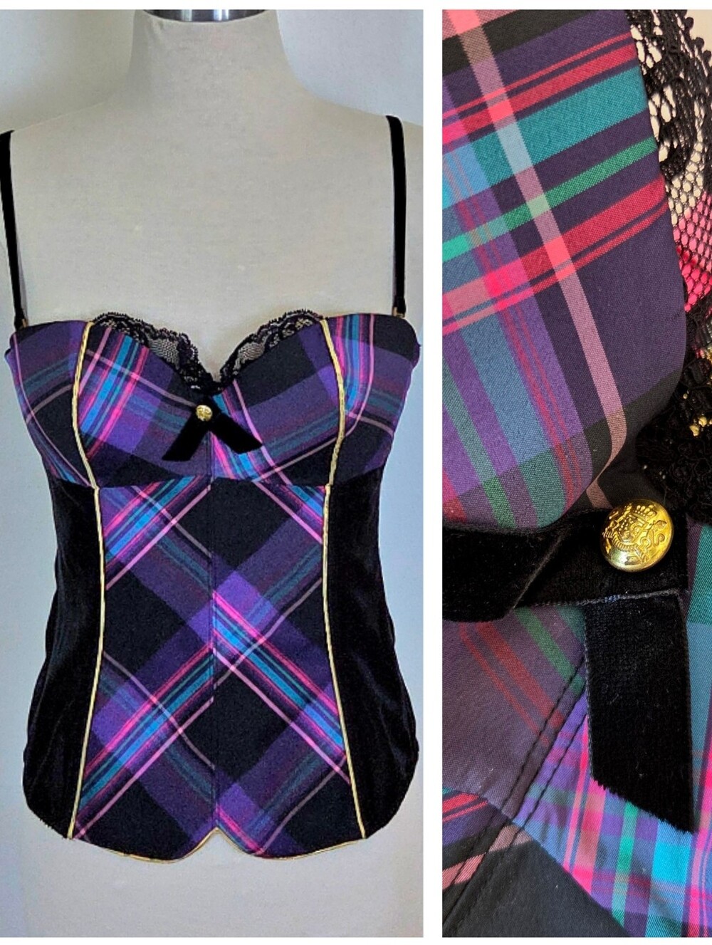 Victoria's Secret VTG Very Sexy Purple Plaid Velvet Bow Bustier Bra Lace Y2K NWT